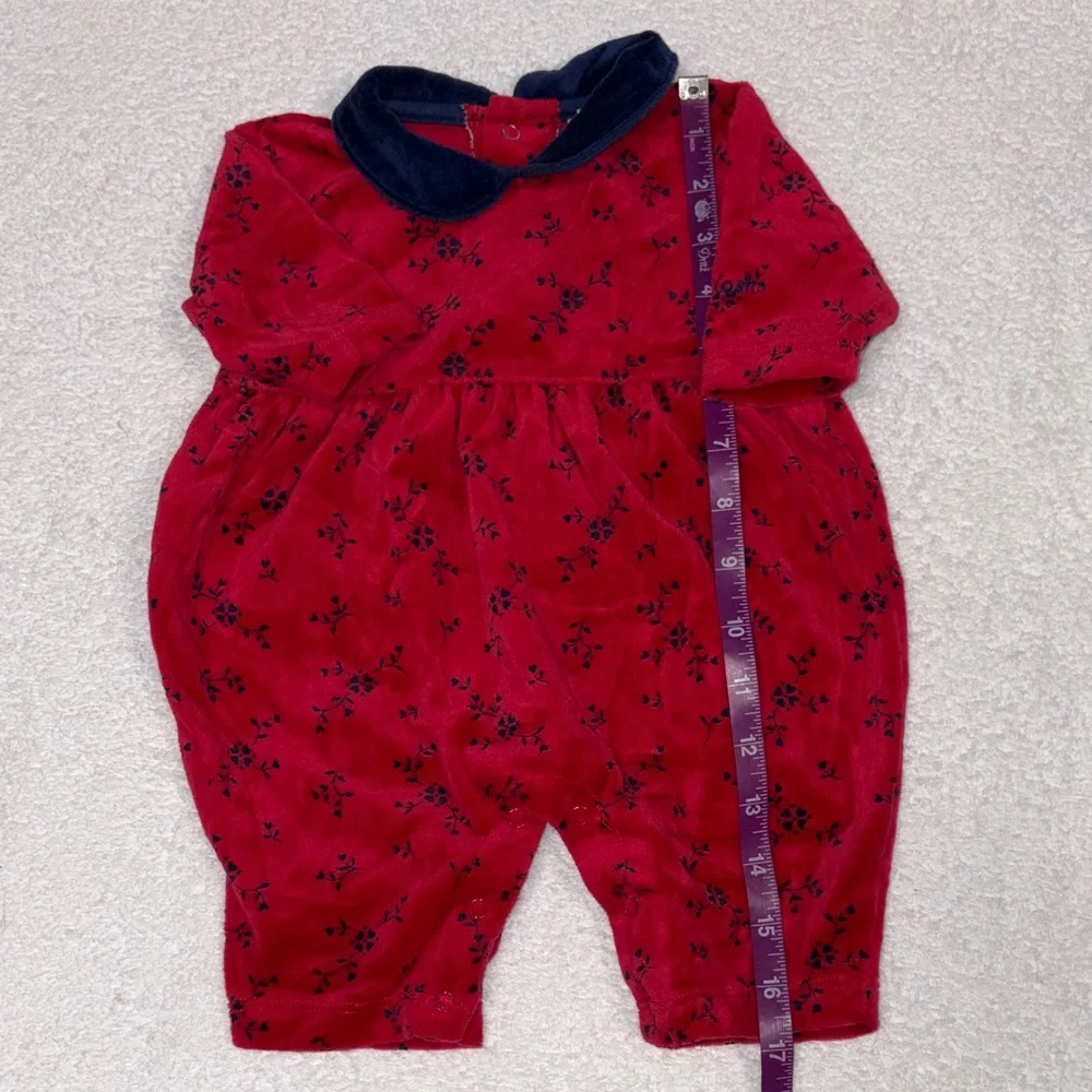 OshKosh B'gosh Red and Navy velour Floral One Piece vintage 0/3m